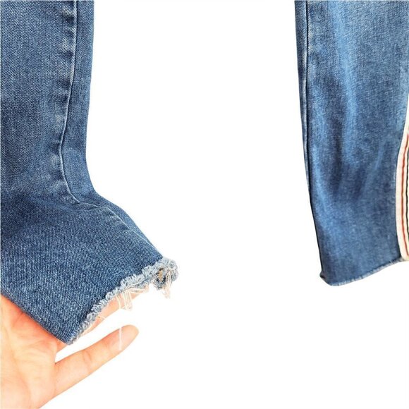 AQUA Retro Side Stripe Y2K Raw Distressed Hem Skinny Jeans - Picture 2 of 6